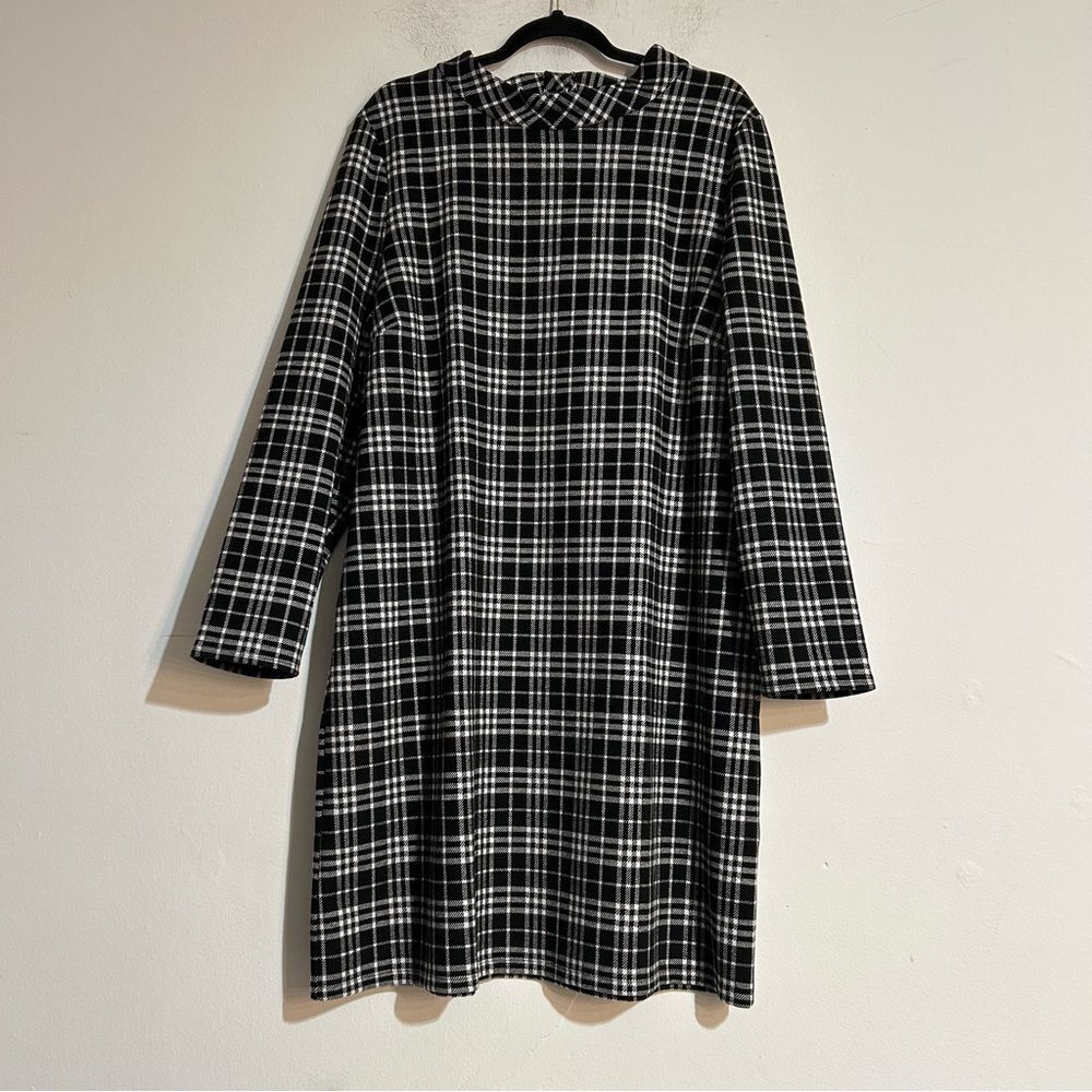 Talbots Windowpane Plaid Fleece Mock Neck Long Sleeve Shift Dress XL Office Work
